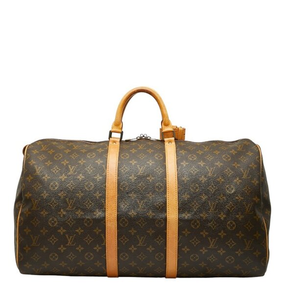 LOUIS VUITTON Authentic Brown Monogram Leather Keepall 55 Boston Bag